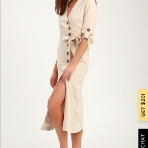 PULL ME CLOSE LIGHT BEIGE SUEDE BUTTON-UP MIDI